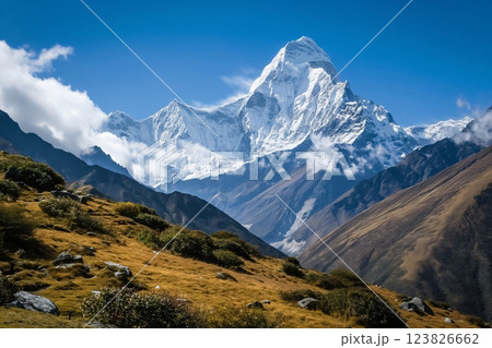 Breathtaking view of a majestic snow capped mountain dominating the landscape, showcasing the awe inspiring beauty of nature 123826662