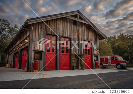 Rustic fire station with bright red doors and a firetruck parked outside, showcasing a blend of traditional and modern architecture 123826663