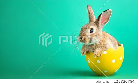 イースターエッグ：タマゴから頭を出すウサギ 123826784