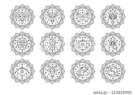 Collection of zodiac signs in line art style  123826950