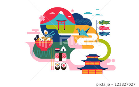 Japan Travel and Culture Background. Traditional Japanese Landmarks, Food, and Symbols 123827027