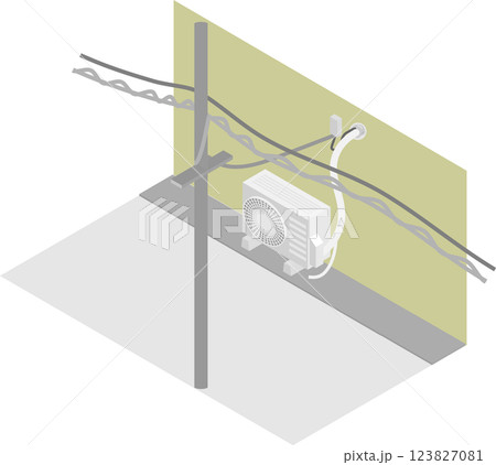 アイソメトリックなエアコンの室外機の穴に光ファイバーケーブルを通した住宅のイメージ素材 123827081