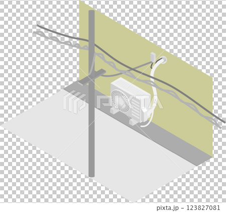 アイソメトリックなエアコンの室外機の穴に光ファイバーケーブルを通した住宅のイメージ素材 123827081