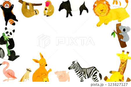 動物園の動物たちのフレーム　手描き水彩イラスト背景素材 123827127