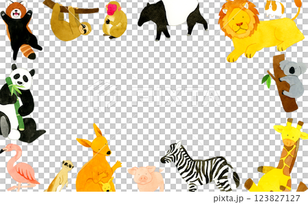 動物園の動物たちのフレーム　手描き水彩イラスト背景素材 123827127
