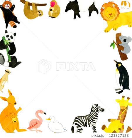 動物園の動物たちのフレーム　手描き水彩イラスト背景素材 123827128