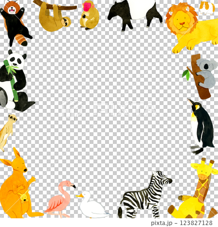 動物園の動物たちのフレーム　手描き水彩イラスト背景素材 123827128