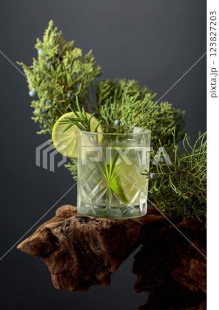 Cocktail with ice, lime, and rosemary on an old snag. 123827203