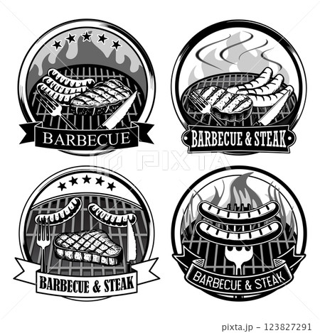 set of a barbecue and steak restaurant logo with grilling meat and sausage on grill rack 123827291