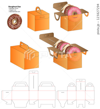Donut Box packaging die cut template design. 3d mock-up 123827294