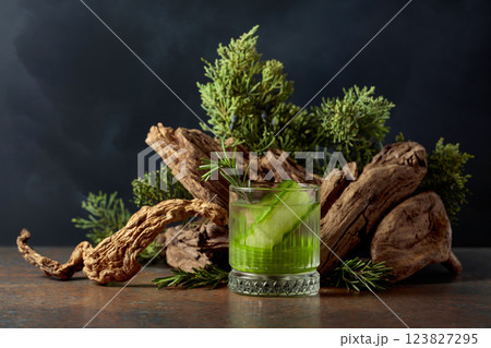 Refreshing drink with ice, cucumber, and rosemary. 123827295