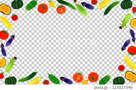 夏野菜のフレーム　和風のシンプルな手描きイラスト背景素材 123827346
