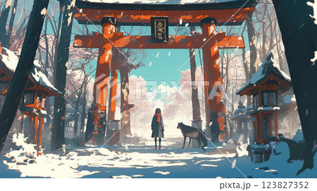 雪景色の中の幻想的な美しい神社 123827352