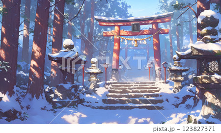 雪景色の中の幻想的な美しい神社 123827371
