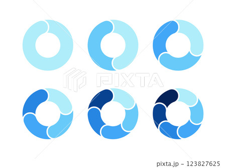 Pie chart for infographics. Circle sections for design of presentation of cycles, steps or stages. Vector set illustration isolated on white background. 123827625