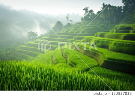 Morning mist is rising above a peaceful landscape of rice terraces on a hillside in Bali, Indonesia 123827839
