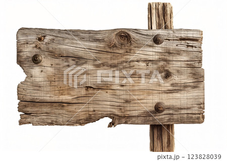 Highly detailed photo of a weathered wooden signboard with natural textures, isolated on a white background, ready for custom design Highly detailed photo of a weathered wooden signboard with natural textures, isolated on a white background, ready for custom design 123828039
