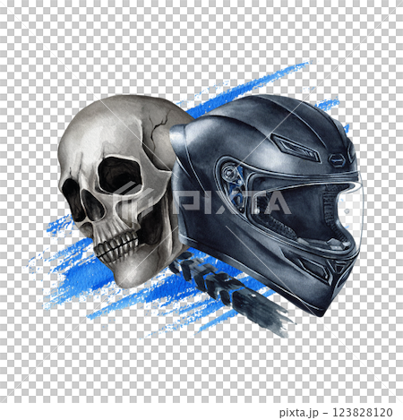 Moto helmet and scull on watercolor blue spot with tire track. Isolated crash helmet for motorcyclist and hand drawn human skull. Composition for poster, postcard, card, textile, stationary, stickers 123828120