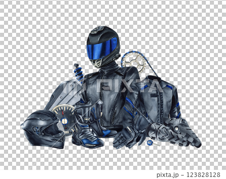 Motorcyclist gear and equipment illustration. Helmet, protective gloves and back, kneepad and boots, jacket. Chain and shock absorber. Watercolor composition isolated from background For moto stores Motorcyclist gear and equipment illustration. Helmet, protective gloves and back, kneepad and boots, jacket. Chain and shock absorber. Watercolor composition isolated from background For moto stores 123828128