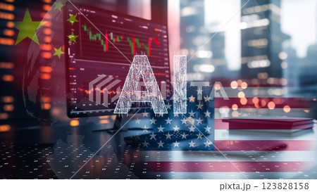 洗練された金融分析ワークスペース、未来のデータインターフェースで可視化された米中経済競争 123828158