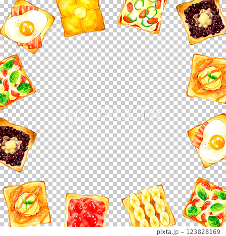 Frame of various toast arrangements Hand-drawn watercolor illustration background material for cooking and cafe menu 123828169