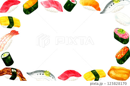 色々な種類のお寿司のフレーム 日本料理の手描き水彩イラスト背景素材 色々な種類のお寿司のフレーム 日本料理の手描き水彩イラスト背景素材 123828170