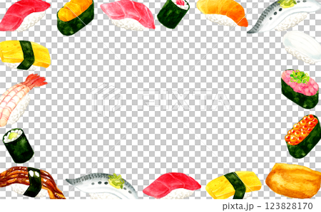 Frame of various types of sushi Japanese cuisine hand-drawn watercolor illustration background material Frame of various types of sushi Japanese cuisine hand-drawn watercolor illustration background material 123828170