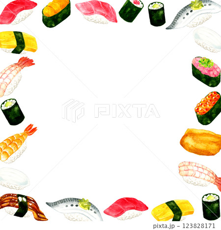 色々な種類のお寿司のフレーム　日本料理の手描き水彩イラスト背景素材 123828171