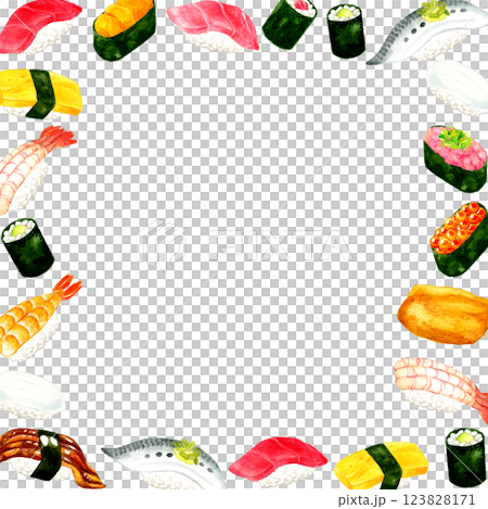 各種壽司日本料理手繪水彩插畫背景素材的框架 123828171