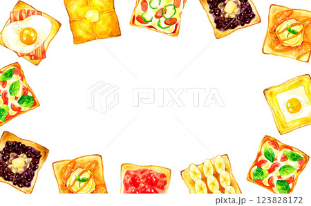 さまざまなアレンジトーストのフレーム　料理・カフェメニューの手描き水彩イラスト背景素材 123828172