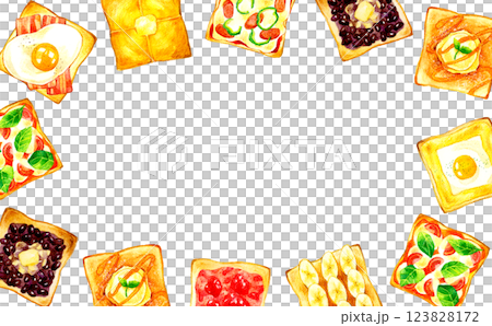 各種吐司安排的框架手繪水彩插圖背景材料,用於烹飪和咖啡廳菜單 各種吐司安排的框架手繪水彩插圖背景材料,用於烹飪和咖啡廳菜單 123828172