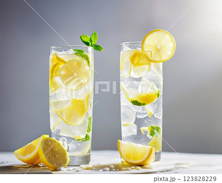A glass of lemonade on a light background. Lemon slices and ice pieces are visible in the glass. A refreshing summer drink A glass of lemonade on a light background. Lemon slices and ice pieces are visible in the glass. A refreshing summer drink 123828229