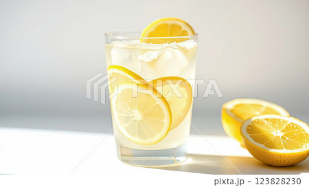A glass of lemonade on a light background. Lemon slices and ice pieces are visible in the glass. A refreshing summer drink 123828230