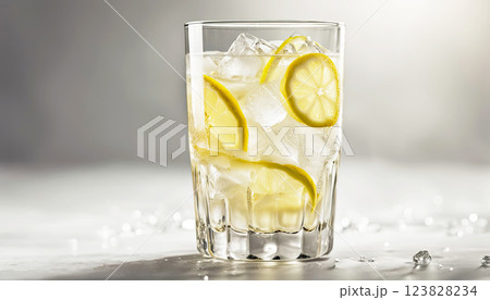 A glass of lemonade on a light background. Lemon slices and ice pieces are visible in the glass. A refreshing summer drink A glass of lemonade on a light background. Lemon slices and ice pieces are visible in the glass. A refreshing summer drink 123828234