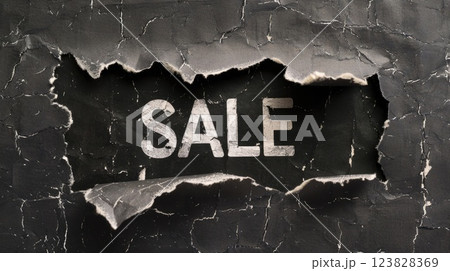 sale banner under black paper torn ripped opening 123828369