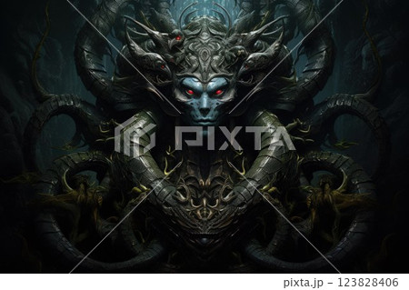 Serpentine naga, possessing both human and snake-like features, with vast wisdom - Generative AI Serpentine naga, possessing both human and snake-like features, with vast wisdom - Generative AI 123828406