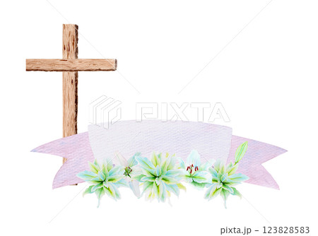 Cross with white lily garland and banner watercolor composition isolated on white background. Illustration perfect for Easter, Holy Thursday, christening baptism, wedding cards decor design Cross with white lily garland and banner watercolor composition isolated on white background. Illustration perfect for Easter, Holy Thursday, christening baptism, wedding cards decor design 123828583