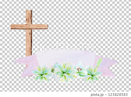 Cross with white lily garland and banner watercolor composition isolated on white background. Illustration perfect for Easter, Holy Thursday, christening baptism, wedding cards decor design 123828583