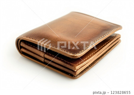 Professional photo capturing the intricate details of a luxurious brown leather wallet isolated on a clean white backdrop 123828655