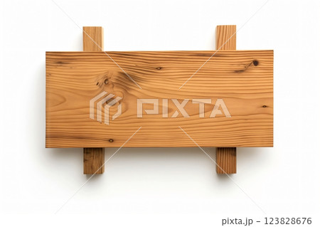 Minimalist wooden signboard with a smooth, natural finish, ready for customization, isolated on a white background 123828676