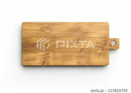 Sleek, clean wooden cutting board with a handle, isolated on a white background with soft shadows 123828705