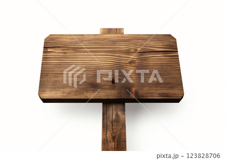 Photo captures a modern wooden signboard with a sleek, clean design, ideal for mockups and advertising, set against a white backdrop 123828706