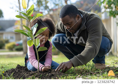 Volunteer and his daughter are carefully putting a young tree into the ground. They are working together to help the environment Volunteer and his daughter are carefully putting a young tree into the ground. They are working together to help the environment 123828742