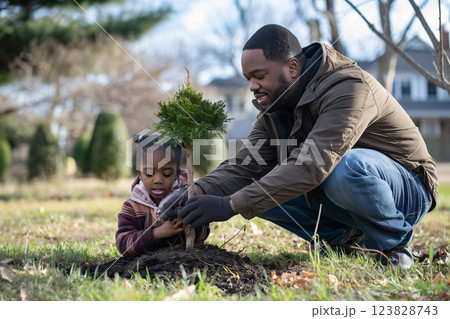 Father and daughter are working together, carefully planting a small tree in the garden Father and daughter are working together, carefully planting a small tree in the garden 123828743