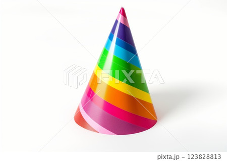 Colorful striped party hat with shades of the rainbow stands isolated on a pure white background, symbolizing celebration and fun 123828813