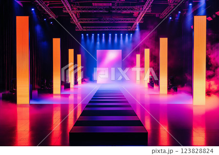 Elegant runway with vivid lighting and fog creates an enchanting atmosphere for fashion shows and grand events 123828824