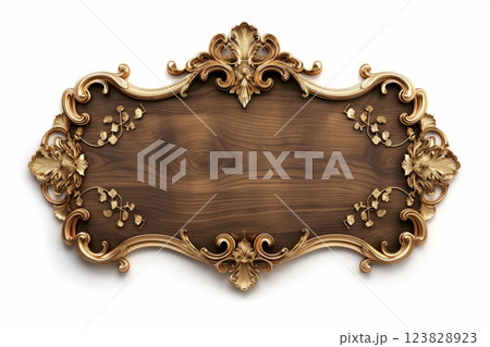 Sophisticated wood signboard adorned with ornate gold trim and floral accents, isolated on a white background for versatile use 123828923