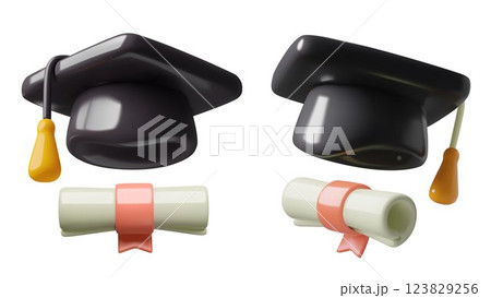 Graduation cap and university degree diploma 3d realistic icons set 123829256