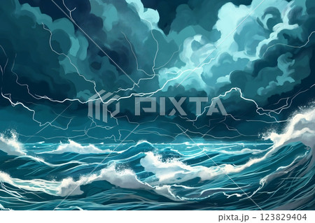 Illustration of a tempestuous ocean scene with dramatic dark clouds and fierce lightning, capturing the power of a maritime storm 123829404