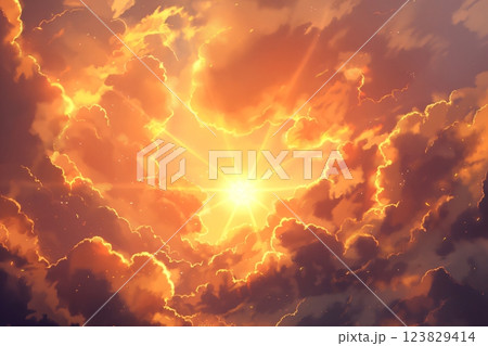 Vibrant illustration depicting the sun's rays piercing through soft, fluffy clouds during a mesmerizing sunrise or sunset 123829414